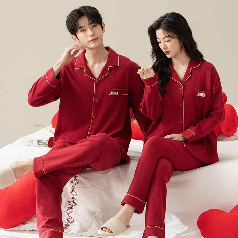 パジャマ カップル ペア 高級感 テーラードカラー 前開き 綿 コットン 長袖 ロングパンツ セットアップ..