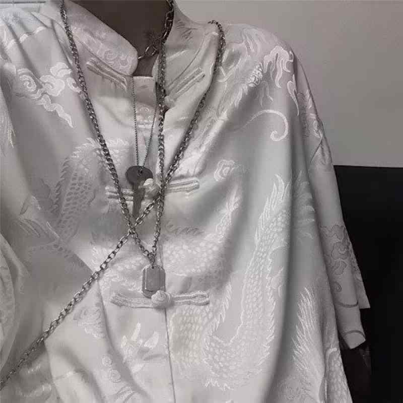 シャツ 男女兼用 新中華風 龍柄 盤扣 隠し模様 半袖 ゆったり ルーズフィット ビッグシルエット チャイナスタイル ポリエステル ノーアイロン 黒 普段使い カジュアル デイリーユース トップス アウター