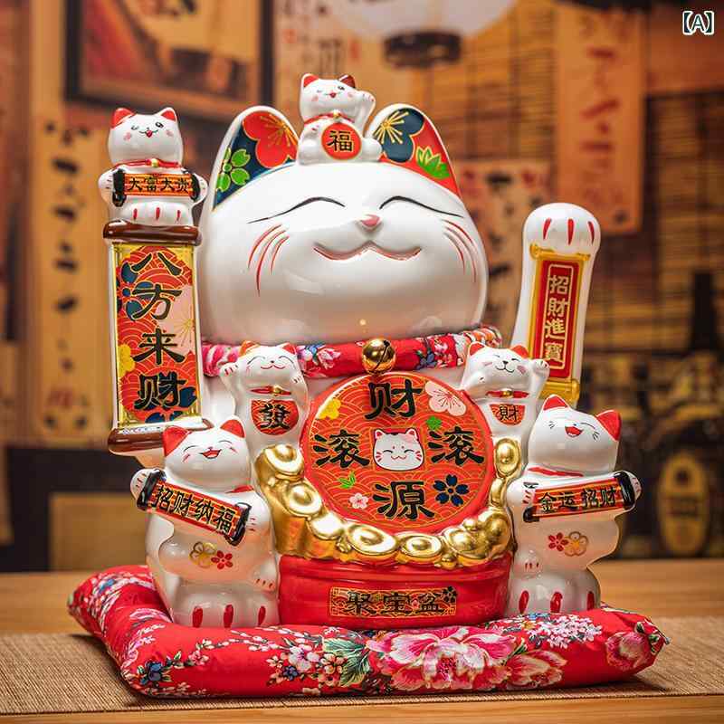 招き猫 大型 大きいサイズ 陶器製 白磁 電動 腕振り 金運 商売繁盛 開運 招福 縁起物 開店祝い 新築祝い 引越し祝い ギフト 贈答品 プレゼント 店舗用 玄関 レジ 受付 フロント オブジェ インテリア 置物 赤色