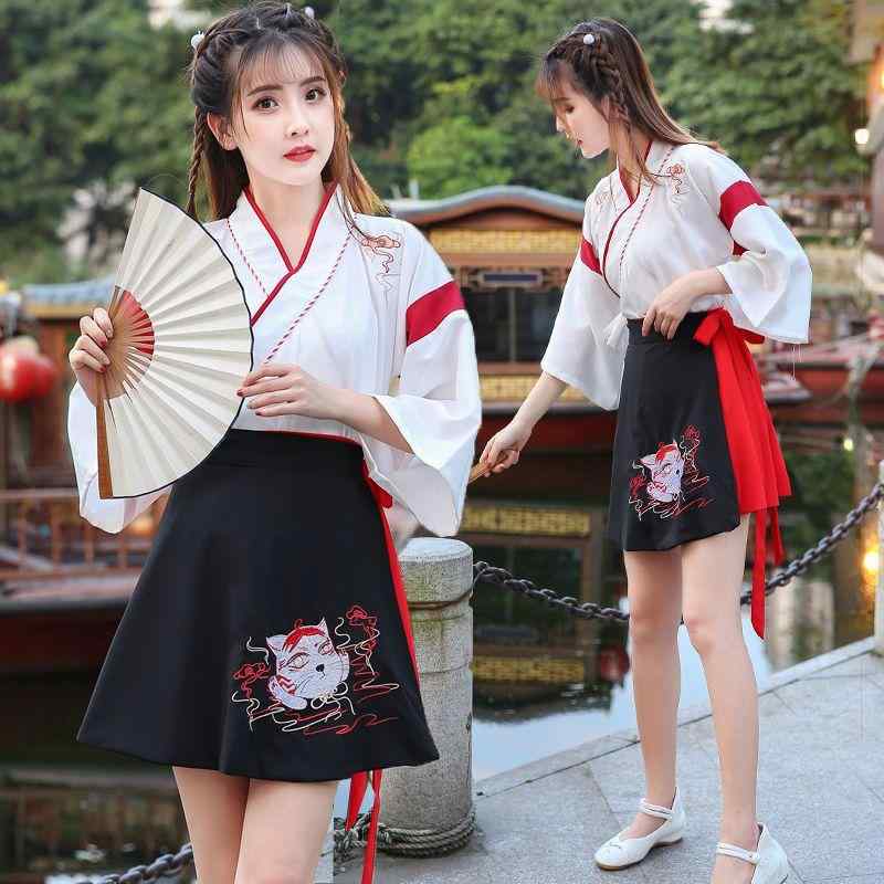 漢服 レディース 改良漢服 女子学生用 コスプレ 時代劇 猫又モチーフ 交差襟 刺繍 2点セット 中国風 民..