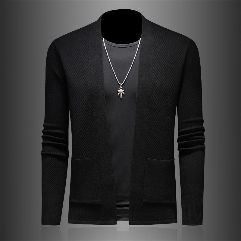カーディガン メンズ オープンフロント ボタンなし スタンドカラー 長袖 ニットトップス ウール混紡 ポリエステル 無地 ブラック 秋冬 カジュアル 普段使い 羽織り