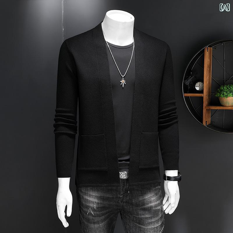カーディガン メンズ オープンフロント ボタンなし スタンドカラー 長袖 ニットトップス ウール混紡 ポリエステル 無地 ブラック 秋冬 カジュアル 普段使い 羽織り