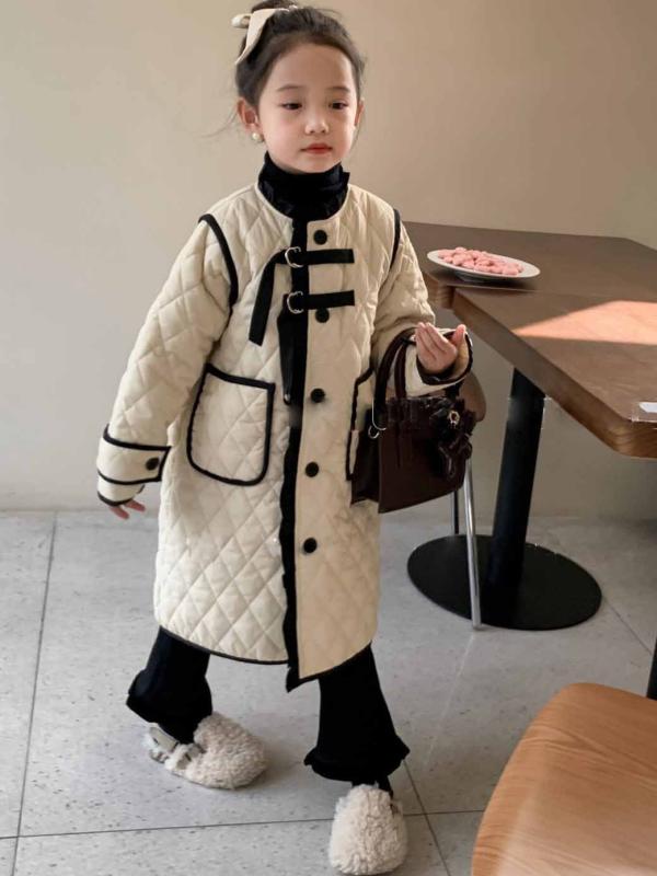 コート アウター キッズ 女の子 秋冬 韓国風 ゆったり キルティング 中綿入り ミドル丈 クルーネック ..
