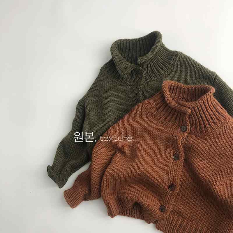 キッズ 男女兼用 韓国風 ハイネック ざっくりニット カーディガン トップス 秋冬 スタンドカラー アク..