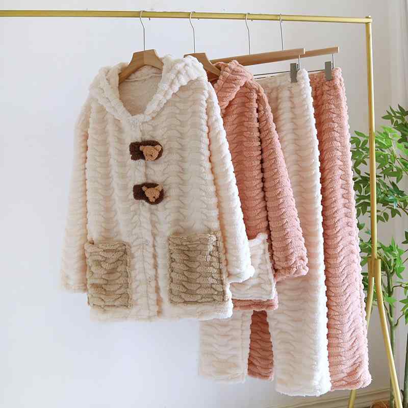 パジャマ レディース 秋冬 ルームウェア 上下セット 暖かい フランネル 部屋着 厚手 長袖 長ズボン 寝巻き かわいい 襟付き 곰돌이 ベア ピンク ベージュ M L XL