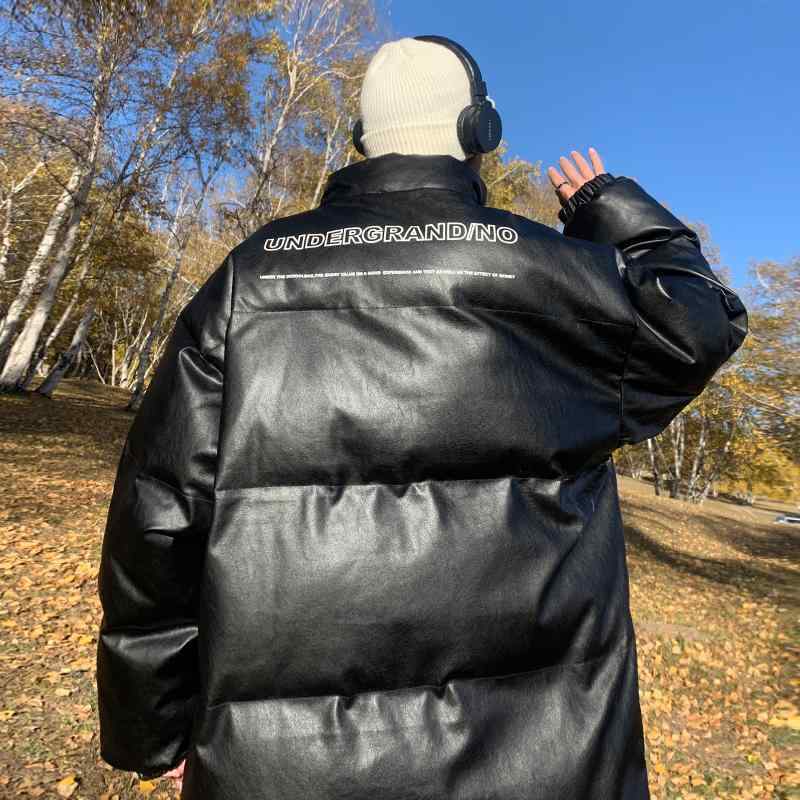 中綿ジャケット メンズ PUレザー スタンドカラー パフジャケット アメリカンスタイル 秋冬 厚手 防寒 暖かい ボリューム オーバーサイズ ジップアップ フードなし ストリート カジュアル 裏ボア ユニセックス ホワイト ブラック(4)