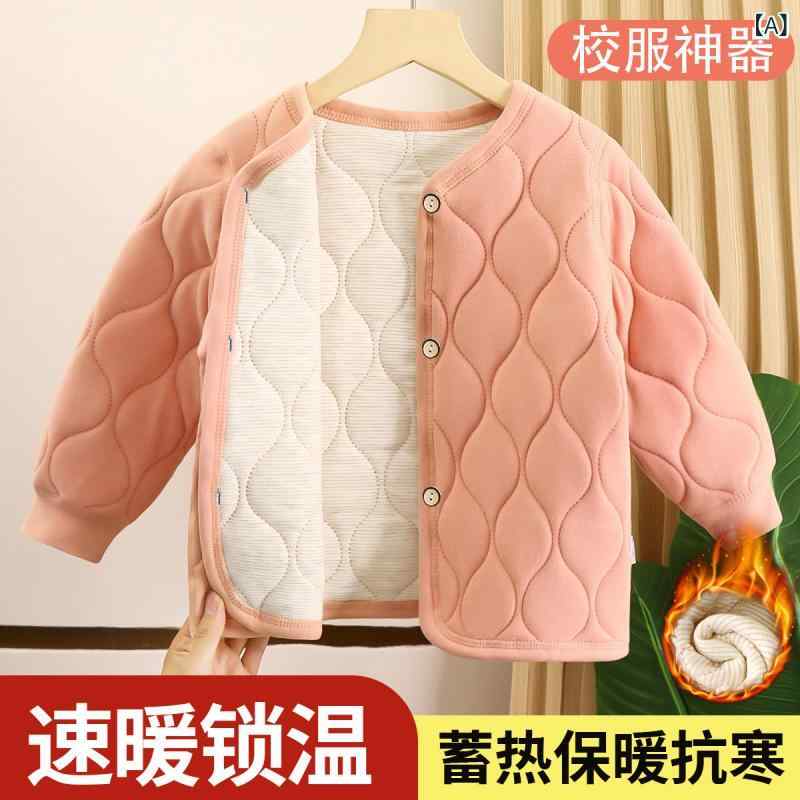 子供用綿入りジャケット 裏起毛キッズトップス 男女兼用 Vネック ポリエステル あったかインナーシャツ..