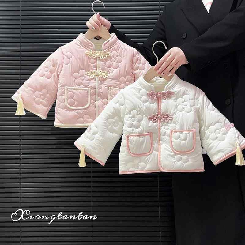 中綿ジャケット 女の子 ベビー キッズ 子供服 チャイナ風 花柄 飾りボタン レトロ 厚手 防寒 保温 アウ..