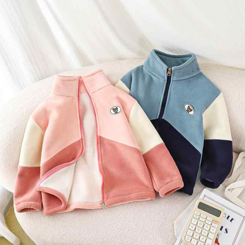 子供服 アウター キッズ 男女兼用 フリース ジャケット 秋冬 高襟 休闲 ポリエステル 混紡 配色 防寒 ..