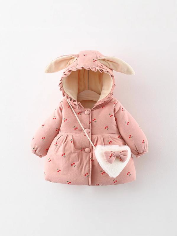 子供服 ガールズ コットン ジャケット コート 秋冬 フルーツ柄 裏起毛 厚手 アウター バッグ付き 幼児 ..