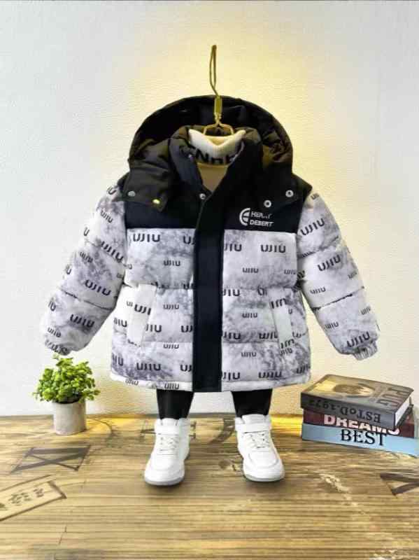 子供用ダウンジャケット 男の子 フード付き 中綿入り 厚手 防寒 アウター アルファベット プリント 多色展開 春秋 カジュアル 90cm 140cm ブラック レッド ライトグレー