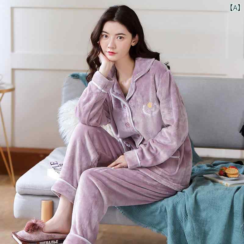office matsudaのパジャマ レディース 秋冬 もこもこ サンゴフリース フランネル ポリエステル 襟付き 前開き 長袖 ロングパンツ セットアップ ルームウェア ホームウェア 部屋着 保温 快適 厚手｜アングル2
