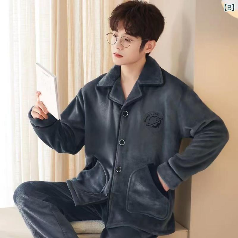 office matsudaのパジャマ メンズ 男性用 冬用 厚手 裏起毛 フリース 暖かい あったか 秋冬 大判サイズ 部屋着 ルームウェア 上下セット 長袖 長ズボン コットン 混紡 グレー｜アングル3