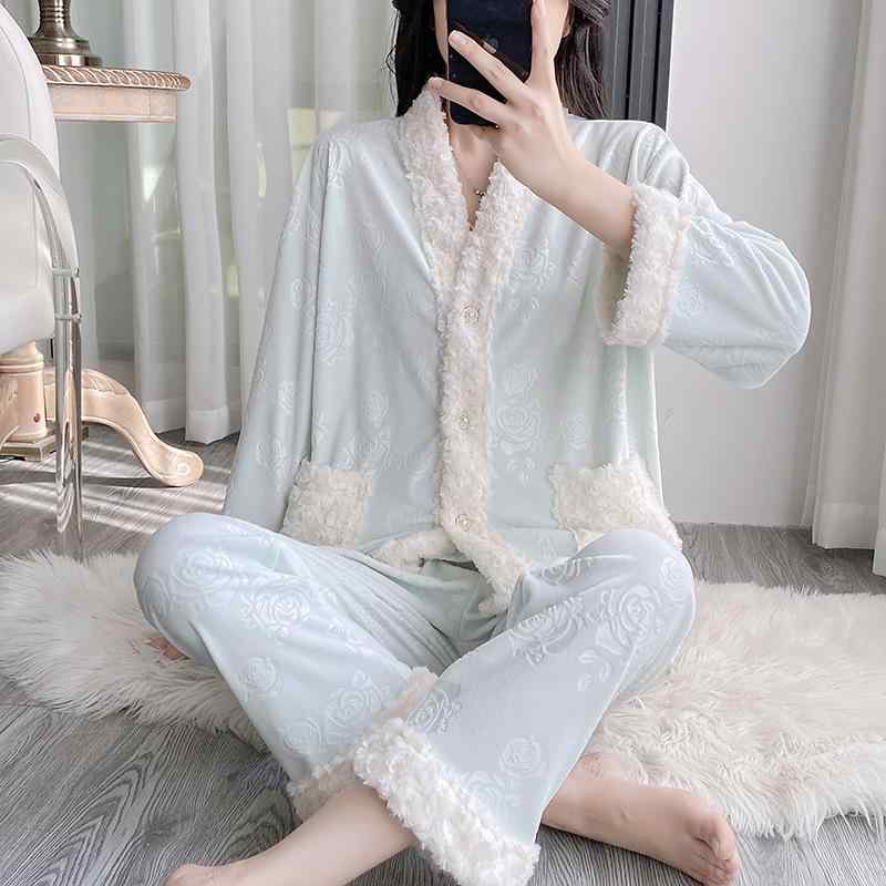 パジャマ レディース 秋冬 長袖 保温 フランネル 珊瑚マイヤー ルームウェア 上下セット 部屋着 Vネッ..