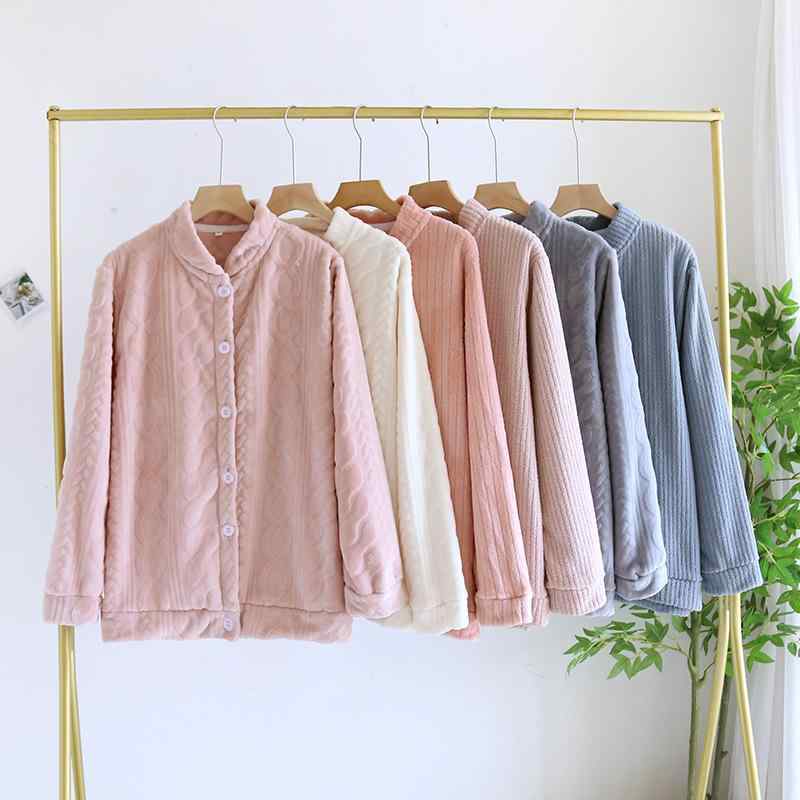 パジャマ レディース フランネル トップス 秋冬用 厚手 無地 ルームウェア 部屋着 カーディガン ゆったり あったか ポリエステル 長袖 ピンク系 ベージュ グレー