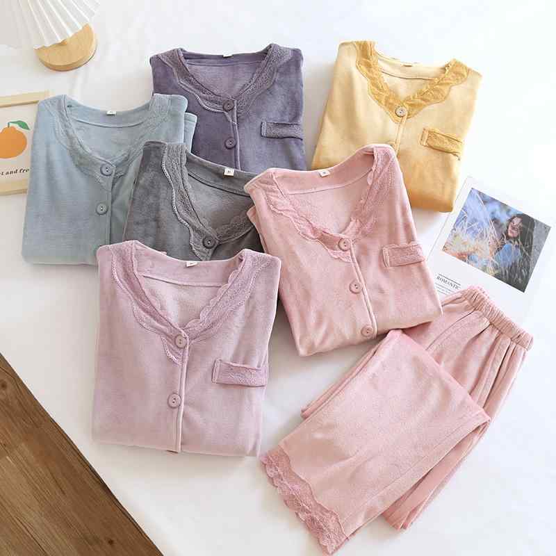 パジャマ レディース 厚手 フランネル コーラルフリース 長袖 ロングパンツ 上下セット セットアップ V..