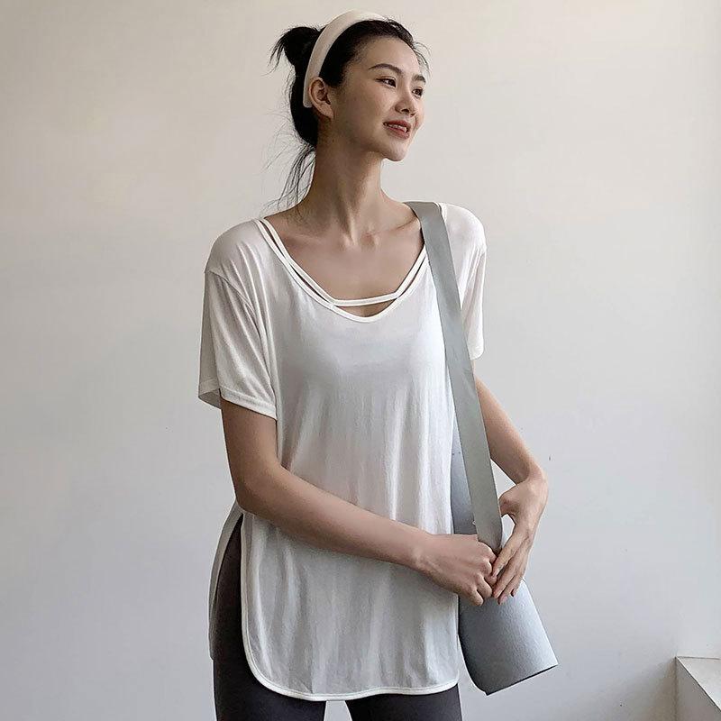 トップス レディース 半袖 ゆったり リラックスフィット 着痩せ効果 ヨガ ピラティス ジム トレーニングウェア 吸汗速乾 薄手 軽量 再生繊維 ミドル丈 チュニック ブラック ホワイト 春夏 スポーツウェア