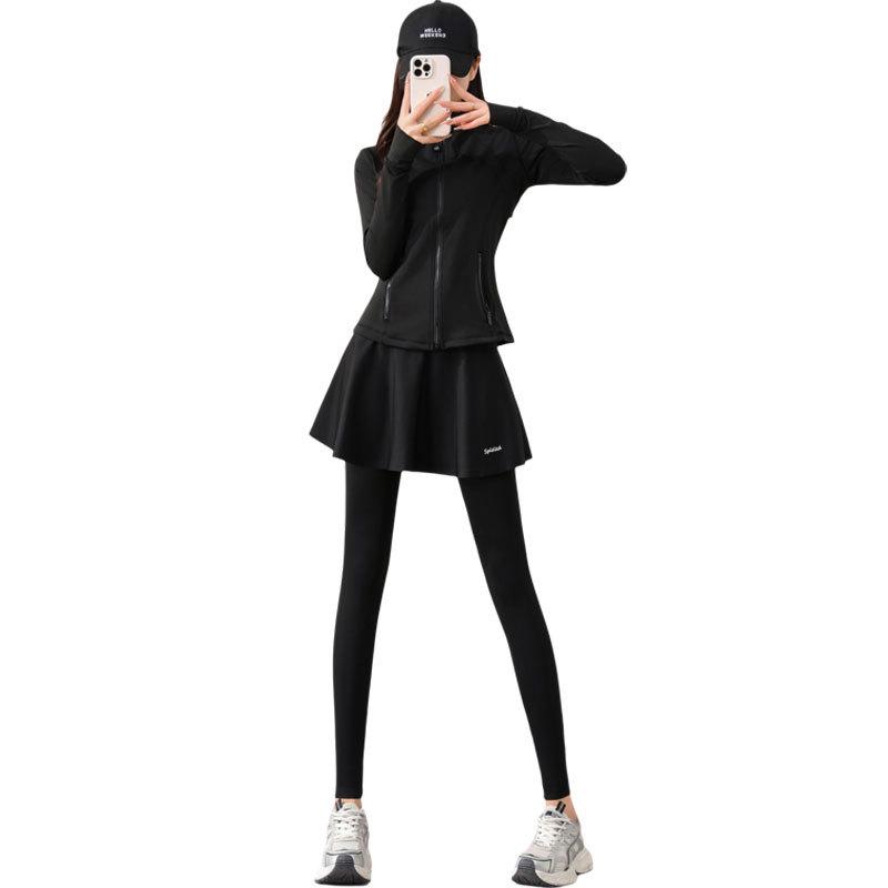 セットアップ レディース 女性用 秋冬 カジュアル スポーツ トレーニング フィットネス ヨガ ピラティス ランニング スカート付きパンツ スカッツ 上下セット 速乾性 通気性 吸湿速乾 スタンドカラー ポリエステル