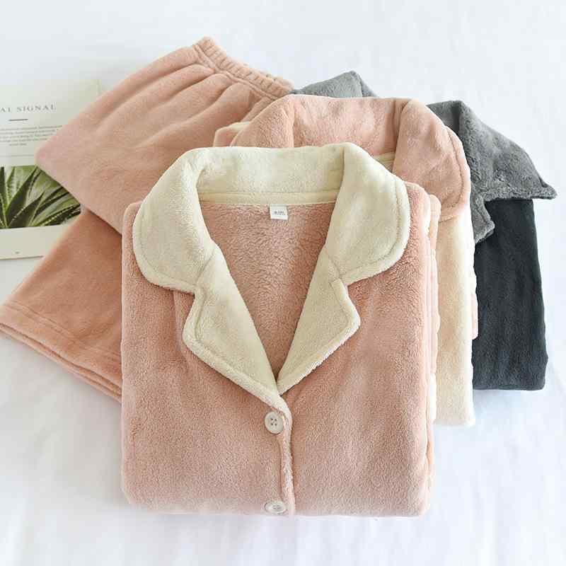 ペアパジャマ サンゴフリース ポリエステル メンズ レディース 厚手 保温 あったか 暖かい 長袖 長ズボン 襟付き 無地 上下セット ルームウェア 部屋着 リラックスウェア 秋冬