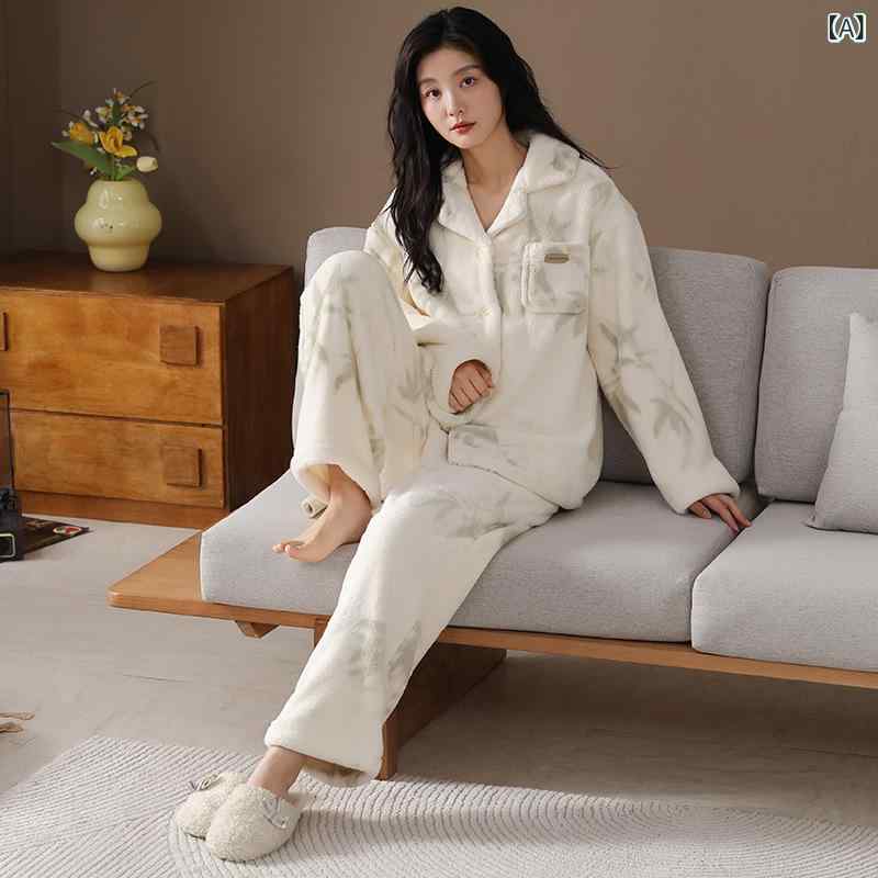office matsudaのパジャマ レディース メンズ カップル 秋冬 コーラルフリース ポリエステル 厚手 保温 あったか 極厚 長袖 長ズボン 上下セット 開襟 襟付き ルームウェア 部屋着 普段使い 快適 リラックス カジュアル ワンマイルウェア｜アングル2