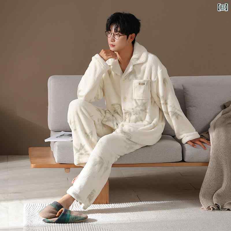 office matsudaのパジャマ レディース メンズ カップル 秋冬 コーラルフリース ポリエステル 厚手 保温 あったか 極厚 長袖 長ズボン 上下セット 開襟 襟付き ルームウェア 部屋着 普段使い 快適 リラックス カジュアル ワンマイルウェア｜アングル3