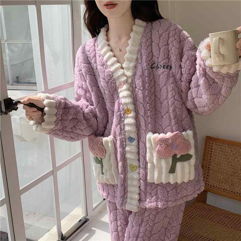 パジャマ レディース 秋冬 サンゴフリース フランネル 厚手 裏起毛 もこもこ ふわふわ あったか 保温 ..