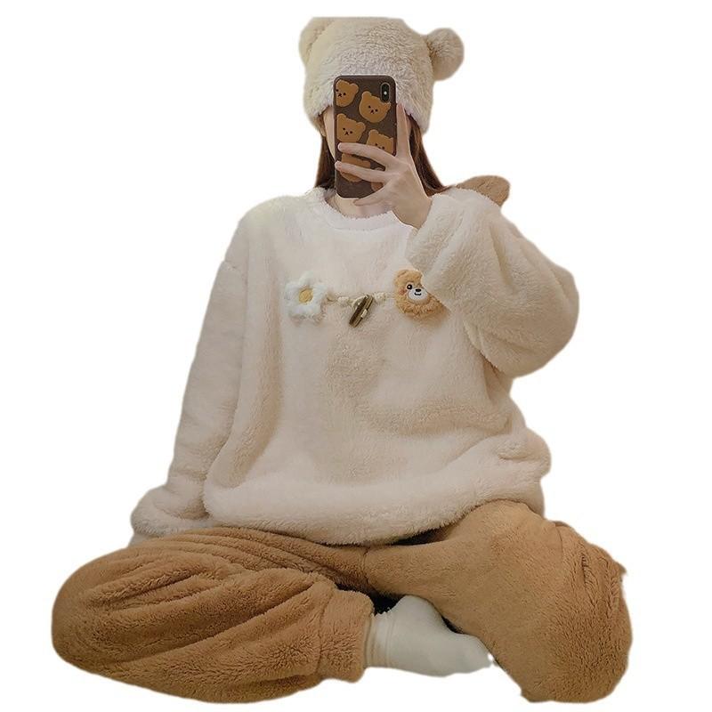 ルームウェア レディース 秋冬 パジャマ 上下セット 厚手 フランネル あったか 暖かい 長袖 長ズボン かわいい 刺繍 部屋着 寝間着 普段使い relaxation リラックス