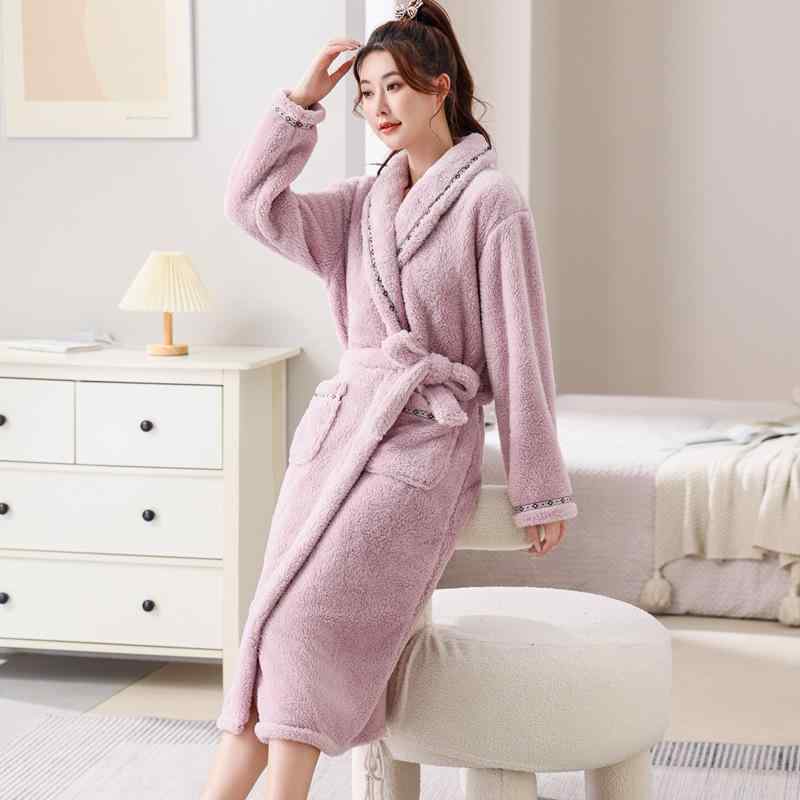 バスローブ レディース 珊瑚フリース 厚手 Vネック 長袖 ミモレ丈 ガウン 帯紐付き ポリエステル あっ..