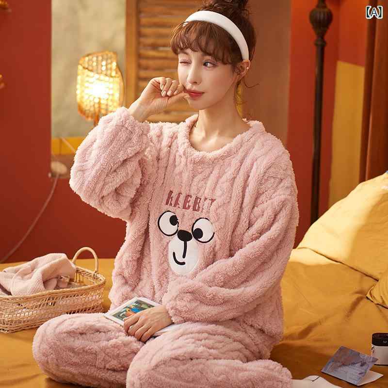 office matsudaのルームウェア レディース サンゴフリース パジャマ 裏起毛 厚手 あったか フランネル素材 上下セット 長袖 長ズボン 丸首 かわいい ゆったり 部屋着 快適 保温 秋冬｜アングル2