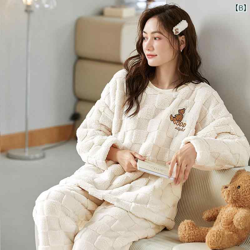 office matsudaのルームウェア レディース サンゴフリース パジャマ 裏起毛 厚手 あったか フランネル素材 上下セット 長袖 長ズボン 丸首 かわいい ゆったり 部屋着 快適 保温 秋冬｜アングル3