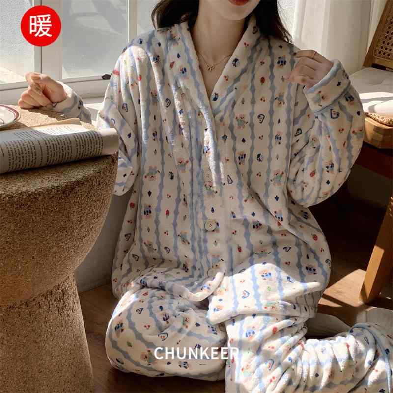 パジャマ レディース 秋冬 厚手 フランネル 長袖 長ズボン 上下セット あったか Vネック 部屋着 ルームウェア 婦人 女性 暖かい かわい..