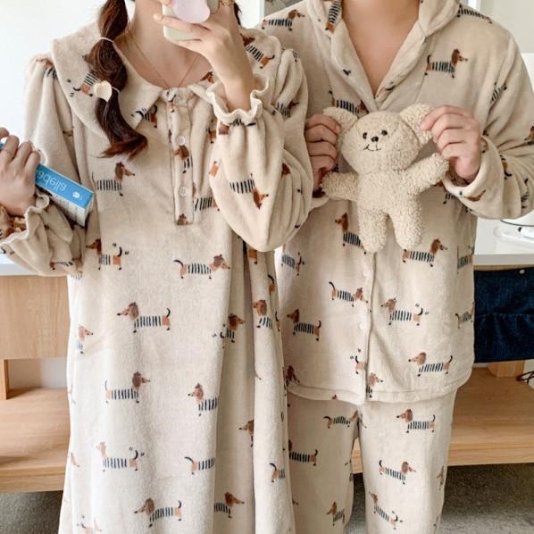 パジャマ レディース メンズ 冬 長袖 フランネル かわいい 犬柄 韓国風 ルームウェア 部屋着 あったか 厚手 ゆったり 快適 暖かい 上下セット