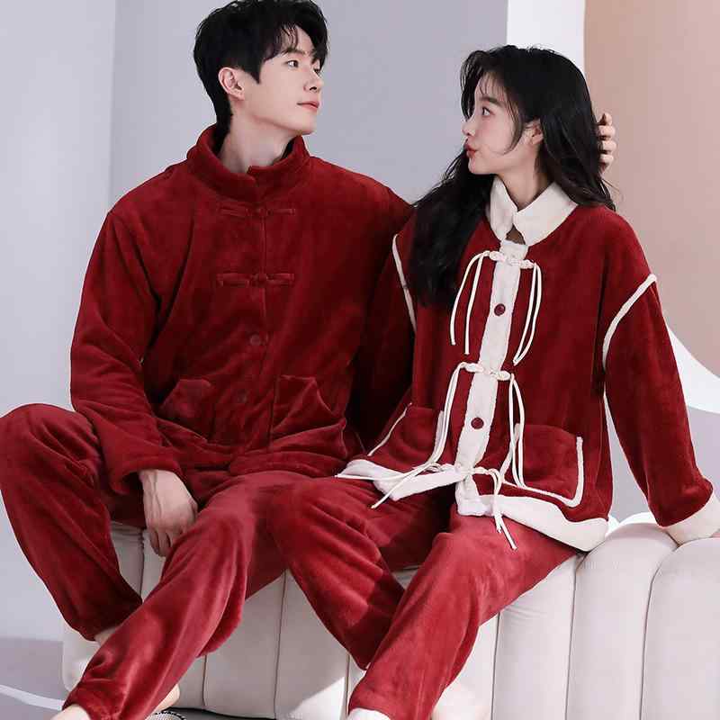 パジャマ カップル 男女兼用 ルームウェア 秋冬 フランネル ポリエステル 厚手 保温 あったか Vネック ..
