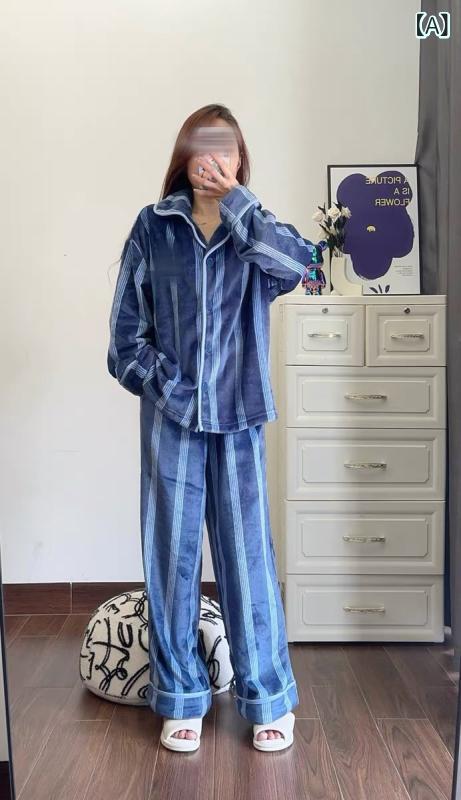 office matsudaのパジャマ レディース メンズ フランネル 秋冬 厚手 暖かい 部屋着 寝巻き 上下セット ポリエステル 長袖 長ズボン ブルー系 アイボリー系｜アングル2