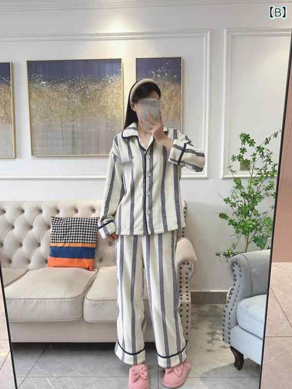 office matsudaのパジャマ レディース メンズ フランネル 秋冬 厚手 暖かい 部屋着 寝巻き 上下セット ポリエステル 長袖 長ズボン ブルー系 アイボリー系｜アングル3