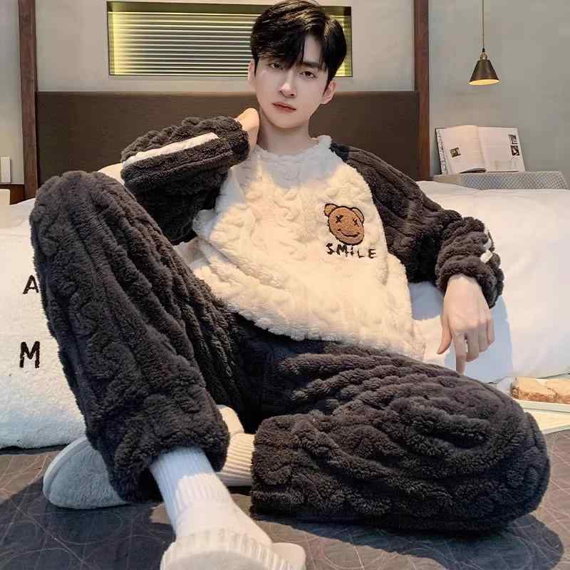 パジャマ メンズ 男性用 冬用 厚手 フリース 珊瑚フリース 部屋着 ルームウェア 長袖 長ズボン 上下セット あったか 暖かい 丸首 プルオーバー グレー 灰色