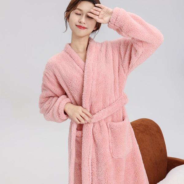 ルームウェア レディース 秋冬 パジャマ 厚手 フランネル 暖か ガウン 部屋着 寝間着 Vネック ポリエステル ピンク ブルー パープル リラックス ゆったり