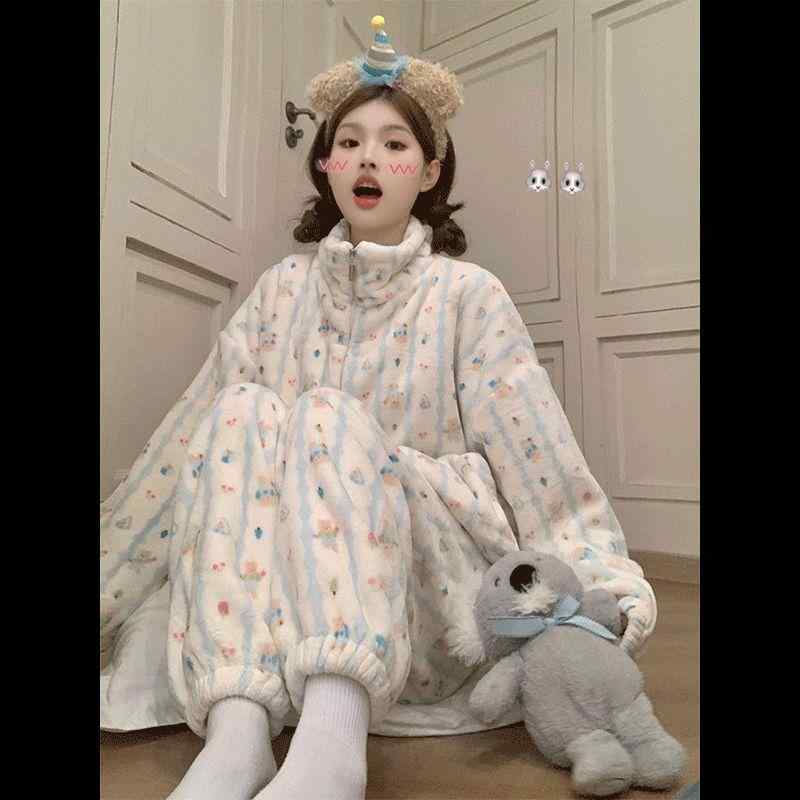 パジャマ レディース 秋冬 長袖 珊瑚フリース セットアップ 厚手 前開き 韓国風 かわいい ルームウェア..