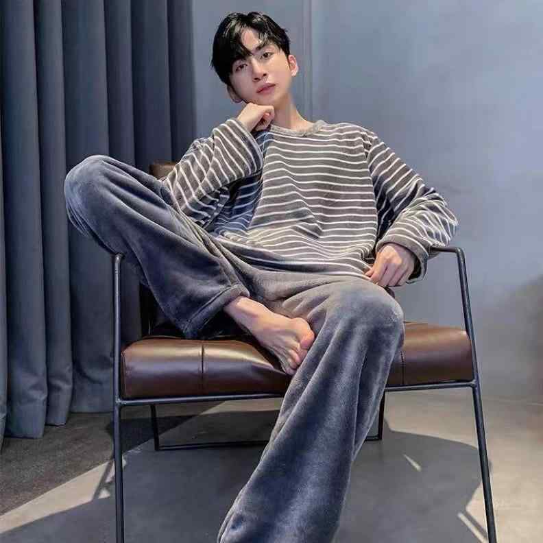 パジャマ メンズ 秋冬 フランネル 上下セット 部屋着 寝間着 ルームウェア 暖かい 厚手 丸首 長袖 長ズボン ゆったり グレー ブラック L XL XXL 3XL