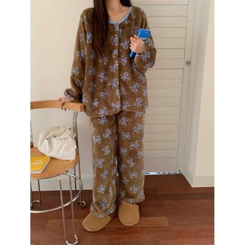 パジャマ レディース 女性用 秋冬 韓国風 かわいい スウィート 厚手 両面フリース フランネル リボン クルーネック 長袖 長ズボン ロングパンツ ルームウェア 部屋着 セット