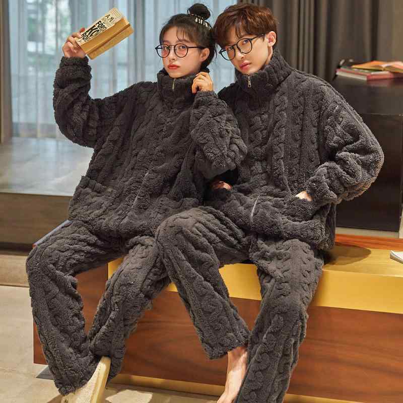 パジャマ レディース 冬用 サンゴフリース 提花 ジップアップ スタンドカラー フランネル メンズ カー..