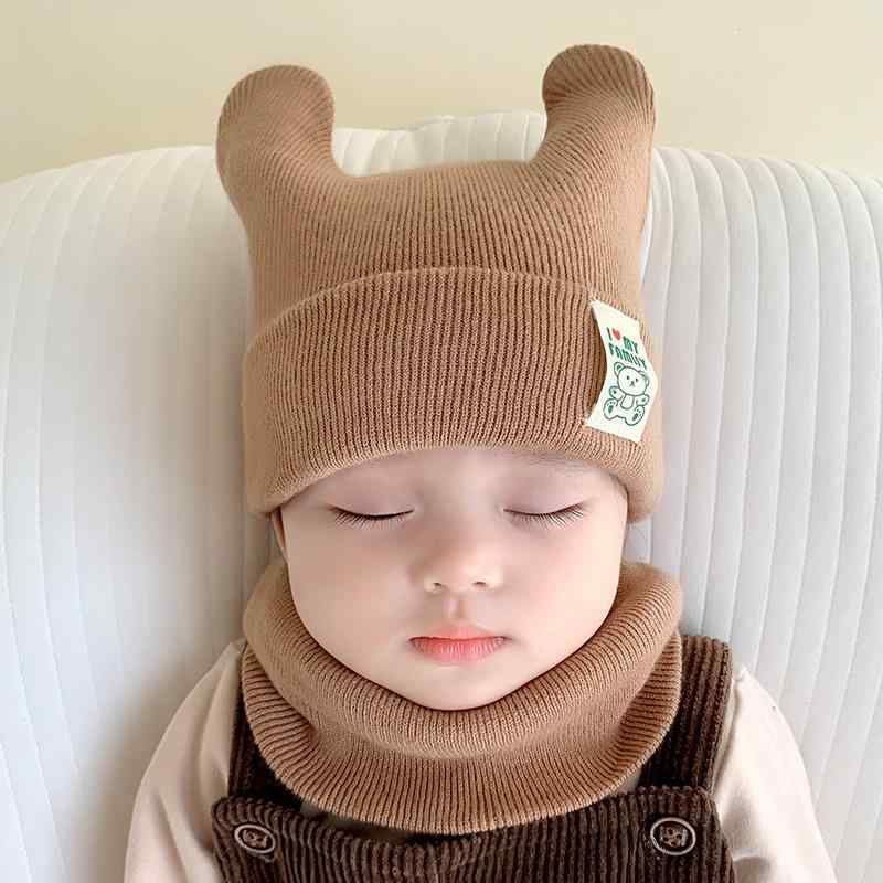 ベビー ニット帽 マフラー セット 秋冬 綿 ライカコットン クマ柄 無地 保温 0歳 1歳 ブルー ピンク系 ベージュ