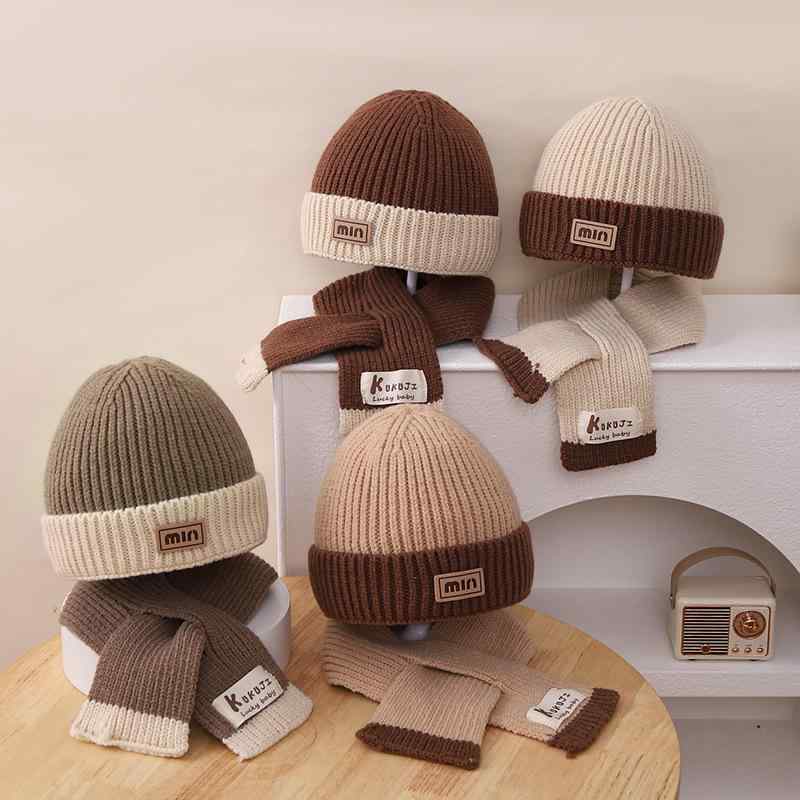 ニット帽 子供用 同色マフラー 秋冬 防寒 ベビー帽子 セット かわいい 1歳 2歳 3歳 グリーン ベージュ ..