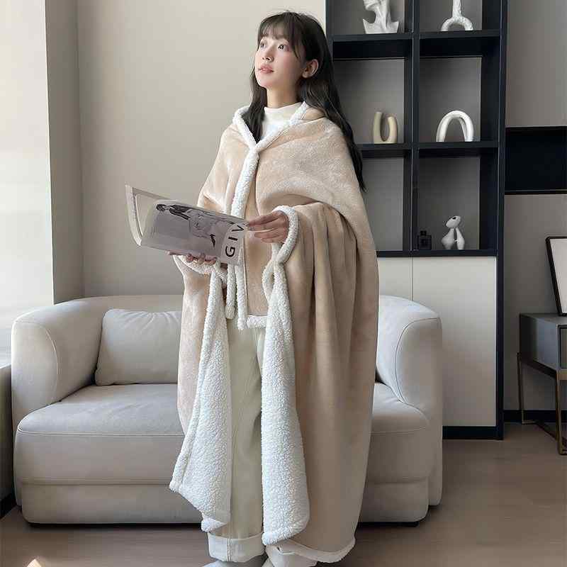 毛布 秋冬 オフィス 寝具 ひざ掛け ショール 大判 厚手 ブランケット ケープ ポンチョ あったか 焦糖色 ベージュ ピンク グレー 130cm ..
