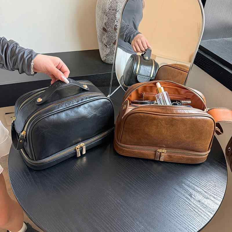 化粧ポーチ レディース 大容量 防水 PUレザー レトロ風 ストライプ柄 ブラック カーキ色 グリーン ブラウン ピンク 旅行 洗面用品 収納 手提げ 鞄