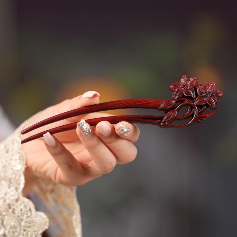 ヘアアクセサリー 百合 U字 かんざし 和装 髪飾り パープル 花 簪 木製 サンダルウッド 古風 ゆらゆら 揺れる ペンダント おしゃれ