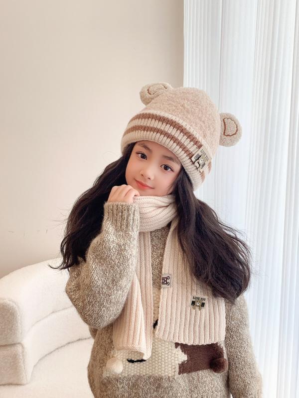 ニット帽 キッズ ベビー 小熊 刺繍 あったか ニット 帽子 マフラー セット 秋冬 ベージュ ピンク ブラック かわいい 女の子 男の子 子供 幼児 園児 2...