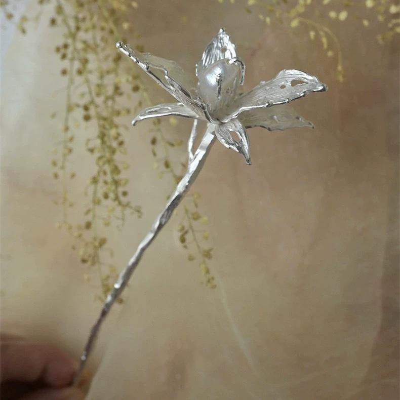 ヘアアクセサリー レディース 花柄 シルバー かんざし レトロ ヘアピン エレガント フラワー パーティー イベント