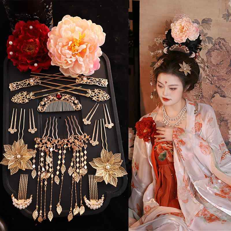 ヘアアクセサリー レディース 髪飾り コーム かんざし 古風 合金 花柄 牡丹 ラインストーン エレガント ウェディング パーティー