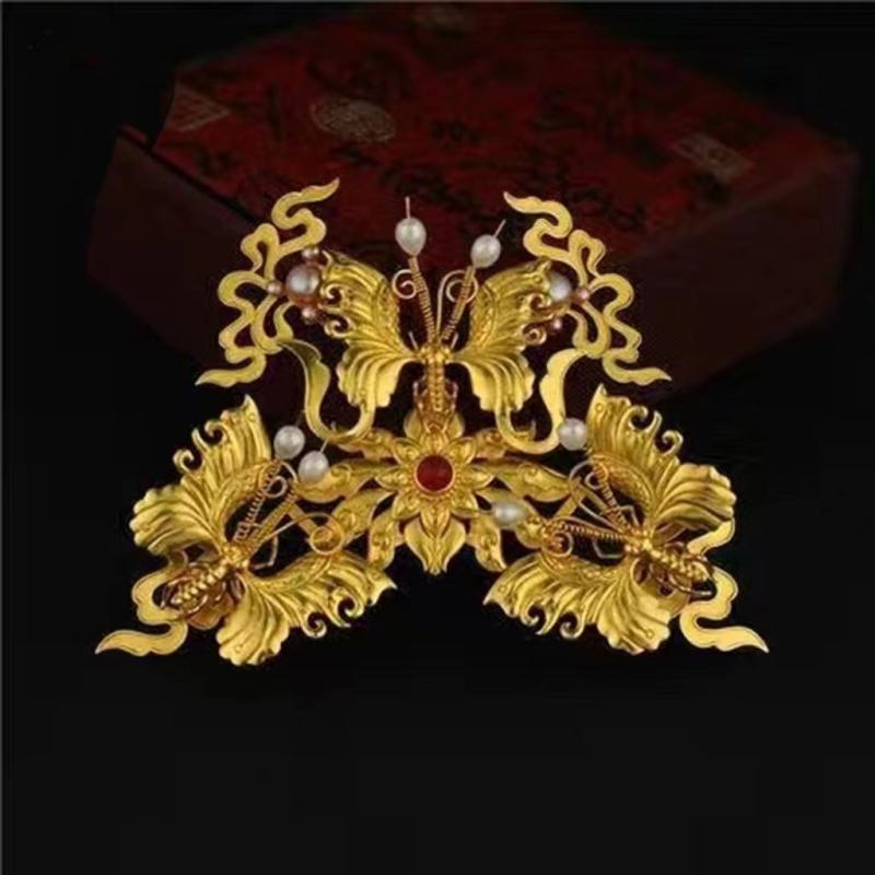 ヘアアクセサリー レディース 古代風 簪 髪飾り 蝶モチーフ コーム かんざし 銅製 電気メッキ加工 チャイナドレス 漢服 コスプレ イベント